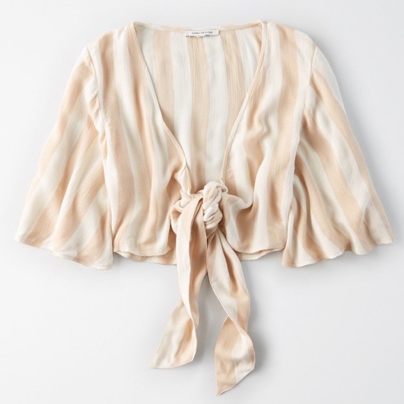 American Eagle Outfitters Tops - American Eagle AEO white & tan striped flowy cropped tie front top shirt
